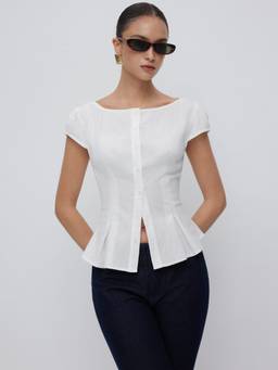 Cider - Cotton Blend Women Textured Boat Neck Peplum Blouse White