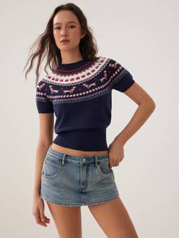 Cider - Knit Dachshund Women's Graphic Puff Sleeve Sweater Navy Blue