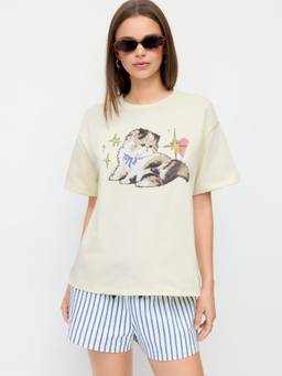 Cider - Cat Graphic Women's Oversized Crew Neck T-Shirt Cream