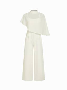 Cider - Stand Collar Women’s Asymmetrical Cape Wide-Leg Jumpsuit Beige
