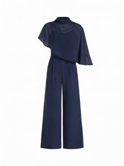 Cider - Stand Collar Women's Asymmetrical Cape Wide-Leg Jumpsuit Navy Blue