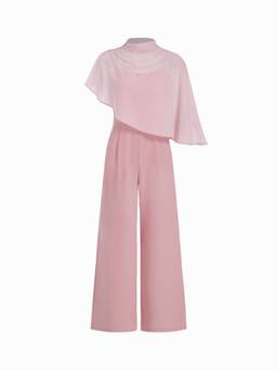 Cider - Stand Collar Women Asymmetrical Cape Wide-Leg Jumpsuit Pink