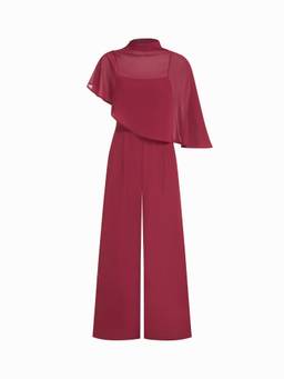 Cider - Stand Collar Women's Asymmetrical Cloak Sleeve Wide-Leg Jumpsuit Wine
