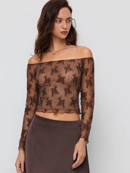 Cider - Lace Floral Women’s Off-Shoulder Full Sleeve Crop Top Brown