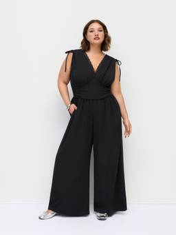 Cider - Lace Trim Women's Ruched Wide-Leg Jumpsuit Black
