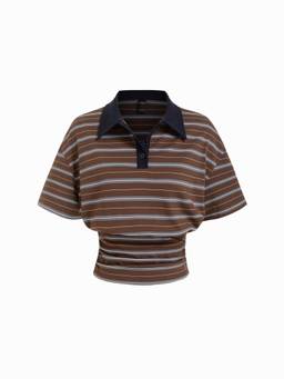 Cider - Cotton Blend Women Striped Polo Neck Ruched Tee Brown
