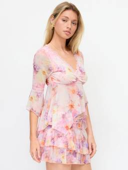 Cider - Mesh Women's Lace Trim V-Neck Bell Sleeve Top Pink