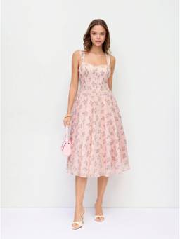 Cider - Cotton Blend Women Floral Square Neck Corset A-Line Midi Dress Pink