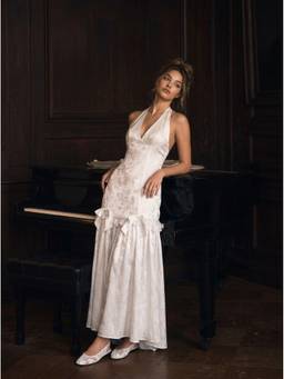 Cider - Jacquard Satin Women's Halter Neck Bow Mermaid Maxi Dress White