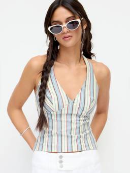 Cider - Cotton Blend Women Striped Halter Neck Crop Top Blue