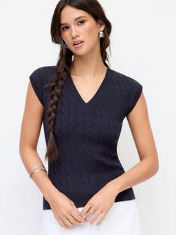 Cider - Cable Knit Women’s V-Neck Twist Knotted Tank Top Navy Blue