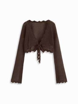 Cider - Knit Crochet Women’s Oversized Tie-Up Open Front Cardigan Brown