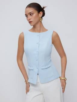 Cider - Boat Neck Women's Button Front Flap Detail Blazer Vest Baby Blue