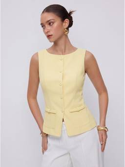 Cider - Button Front Women's Boat Neck Blazer Vest Yellow
