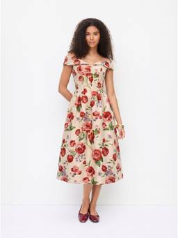 Cider - Jacquard Floral Women's Off-Shoulder Sweetheart Midi Dress Beige
