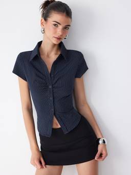 Cider - Striped Women's Ruched Drawstring Button-Down Shirt Blue