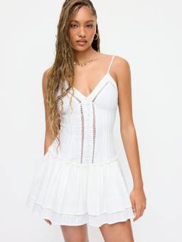 Cider - Cotton Blend Women V-Neck Lace Panel Corset Mini Dress White