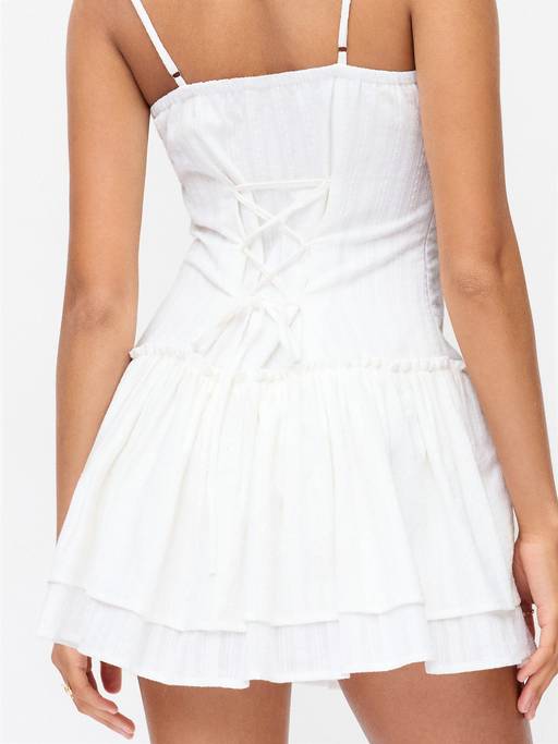 Buy Cider Cotton Blend Women V-Neck Lace Panel Corset Mini Dress White (XXS) Online