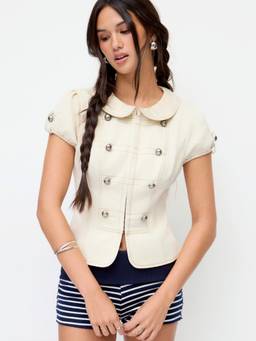Cider - Cotton Blend Women Peter Pan Collar Puff Sleeve Blouse Cream