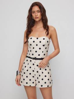 Cider - Satin Women's Polka Dot Bandeau Belted Playsuit Black & White