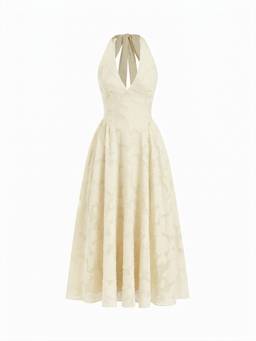 Cider - Jacquard Floral Women Halter Neck Backless Flared Maxi Dress Beige