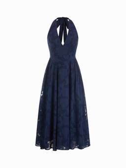 Cider - Jacquard Floral Women Halter Neck Backless Flared Maxi Dress Navy Blue