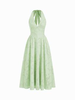 Cider - Jacquard Floral Women Backless Halter Neck Maxi Dress Green