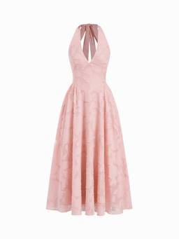 Cider - Jacquard Floral Women's Halter Backless Flared Maxi Dress Pink