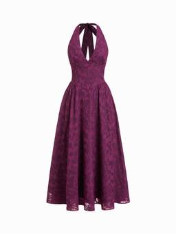 Cider - Jacquard Floral Women Halter Backless Flared Maxi Dress Purple