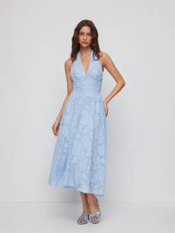 Cider - Jacquard Floral Women's Halter Neck Backless Flared Maxi Dress Blue