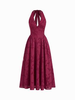 Cider - Jacquard Floral Women's Halter Neck Backless Flared Maxi Dress Wine