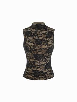 Cider - Lace Floral Women's Stand Collar Sleeveless Tank Top Black