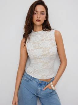 Cider - Lace Floral Women’s Sleeveless Stand Collar Tank Top White