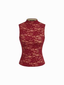 Cider - Floral Lace Women Stand Collar Sleeveless Tank Top Wine