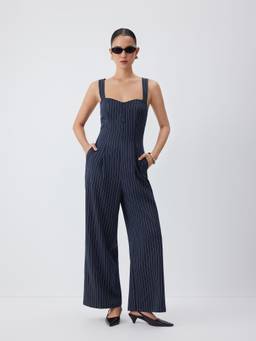 Cider - Striped Women's Sweetheart Neck Wide-Leg Jumpsuit Navy Blue