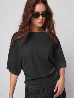 Cider - Cotton Blend Women Batwing Sleeve Drawstring Top Black