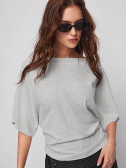 Cider - Cotton Blend Women Boat Neck Batwing Sleeve Drawstring Top Grey