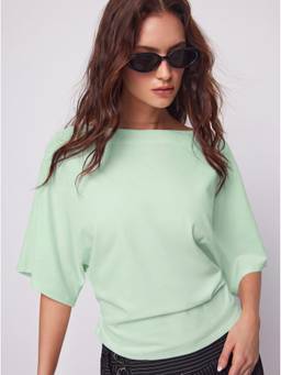 Cider - Cotton Blend Women Boat Neck Batwing Drawstring Top Green