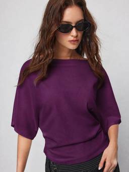Cider - Cotton Blend Women Boat Neck Batwing Drawstring Top Purple