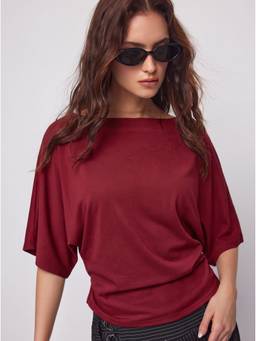 Cider - Cotton-Blend Women's Boat Neck Batwing Drawstring Top Red
