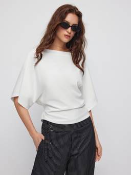 Cider - Cotton Blend Women Batwing Sleeve Boat Neck Drawstring Top White