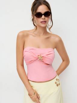 Cider - Ruched Lace Trim Women Strapless Bandeau Crop Top Pink