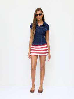 Cider - Stretch Denim Women Metal Detail Button-Down Shirt Navy Blue