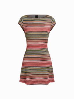 Cider - Textured Stripe Women's Boat Neck Short Sleeve A-Line Mini Dress Red