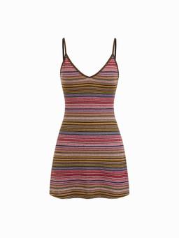 Cider - Knit Women's V-Neck Striped Flared Mini Dress Berry