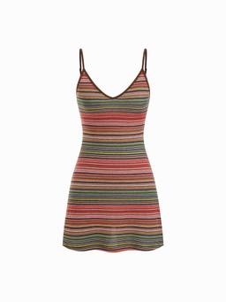 Cider - Knit Women's Striped V-Neck Flared Mini Dress Red