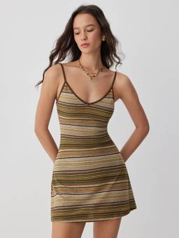 Cider - Knit Women's V-Neck Striped Flared Mini Dress Olive