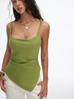 Cider - Linen Blend Women Ruched Asymmetrical Cami Top Green