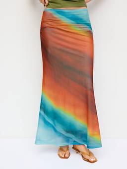 Cider - Mesh Women's Ruched Mid-Rise Maxi Skirt Orange