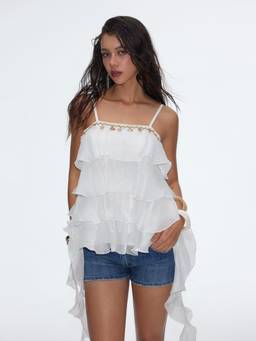 Cider - Seashell Detail Women Tiered Ruffled Cami Blouse White